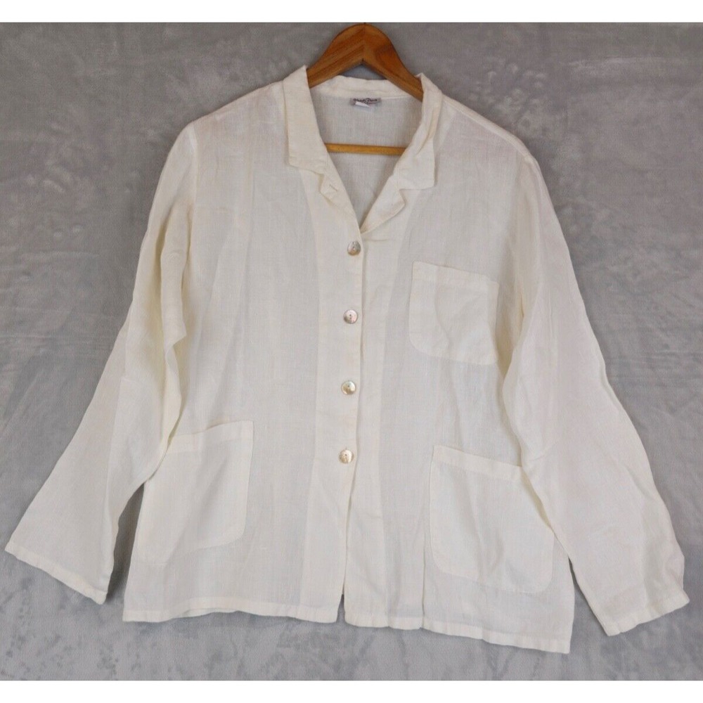 MATCH POINT Button Up Shirt Women Large Off White Long Sleeve Minimalist Pockets